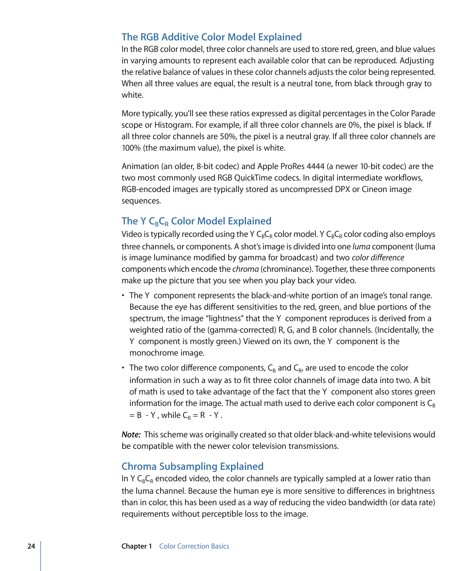 The rgb additive color model explained, The y′cbcr color model explained, Chroma subsampling explained | The y, Color model explained, The y ′ c | Apple Color 1.5 User Manual | Page 24 / 434