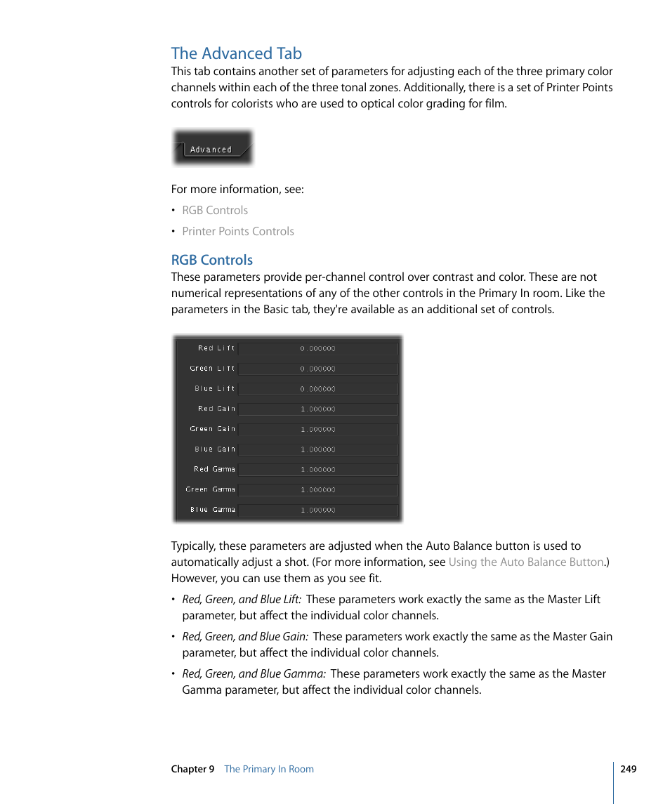 The advanced tab, Rgb controls | Apple Color 1.5 User Manual | Page 249 / 434