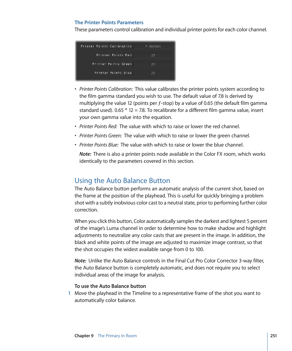 The printer points parameters, Using the auto balance button | Apple Color 1.5 User Manual | Page 251 / 434