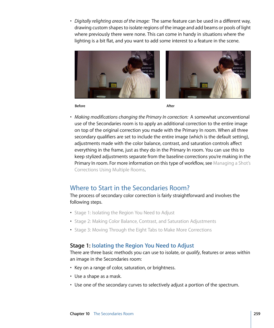 Where to start in the secondaries room, Stage 1: isolating the region you need to adjust | Apple Color 1.5 User Manual | Page 259 / 434