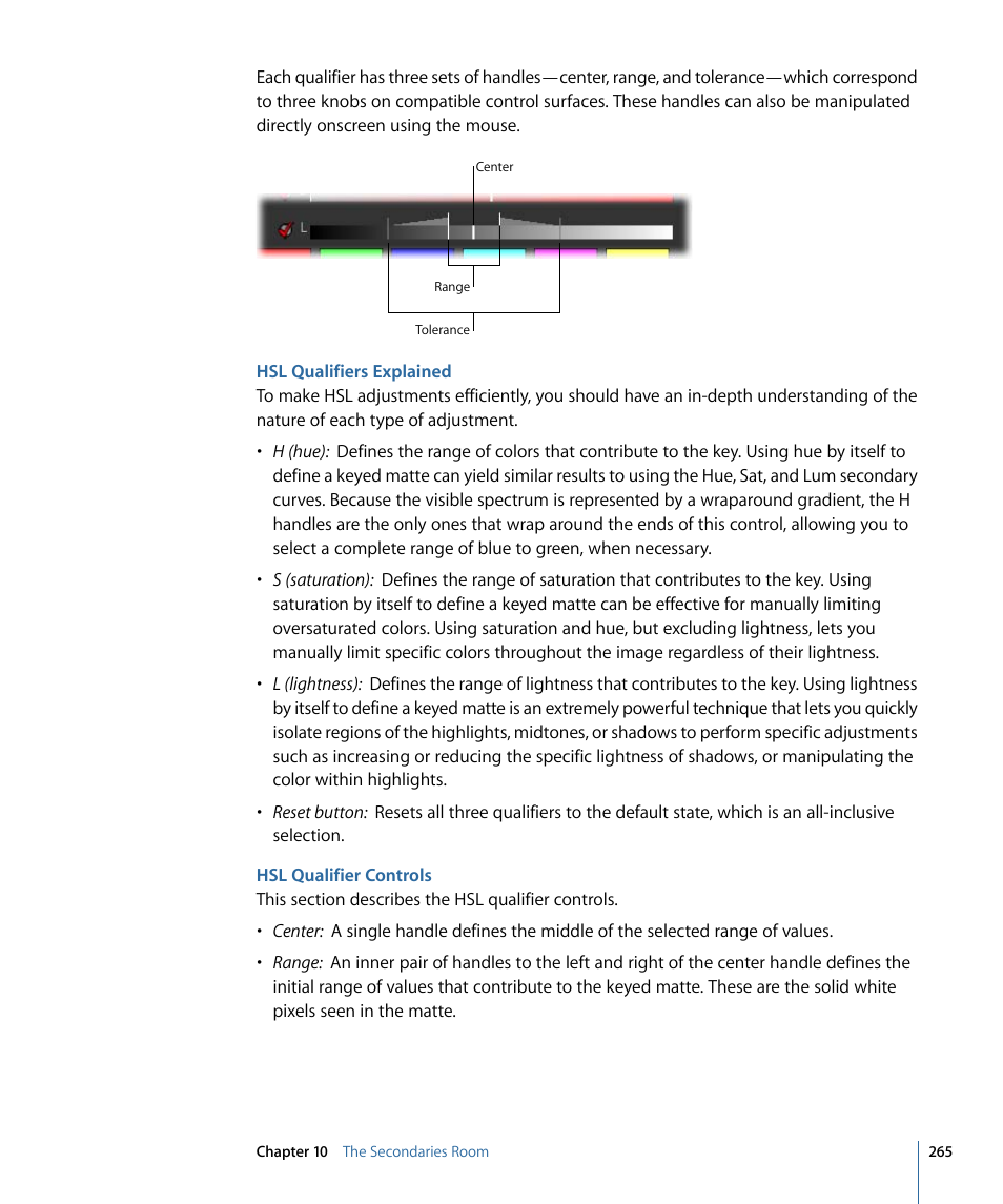 Hsl qualifiers explained, Hsl qualifier controls | Apple Color 1.5 User Manual | Page 265 / 434