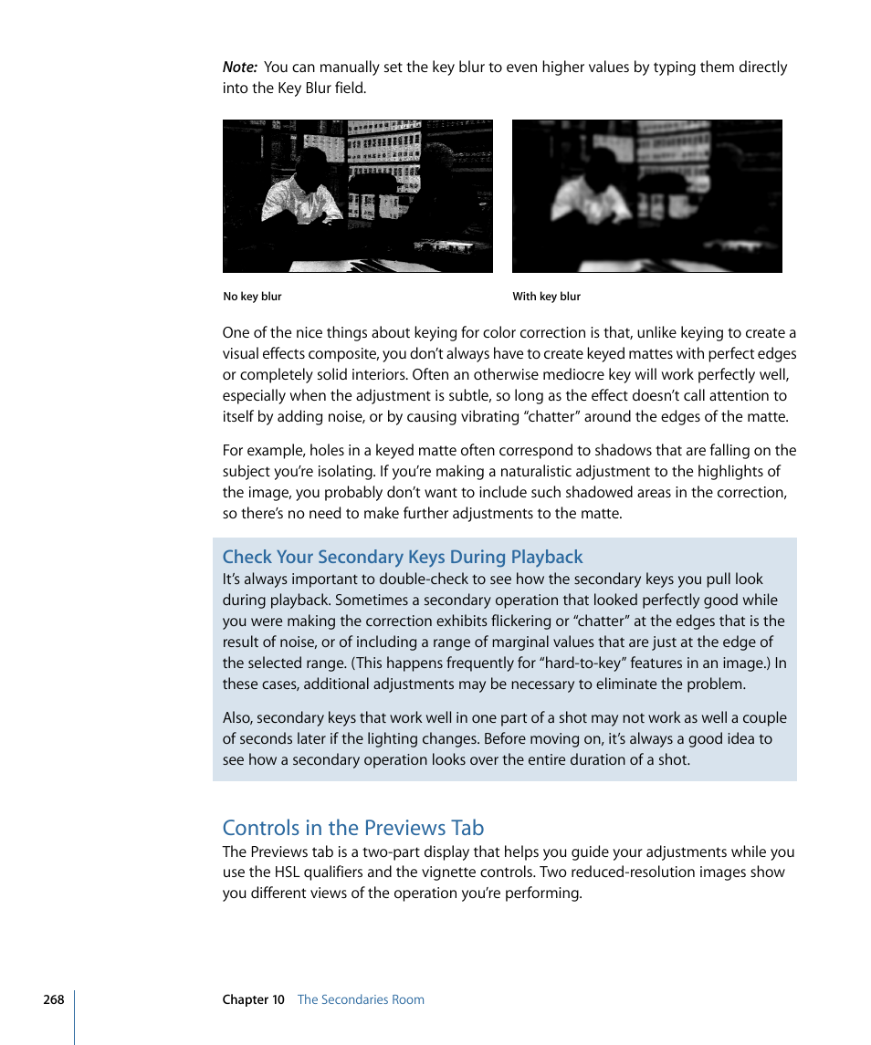 Controls in the previews tab, Check your secondary keys during playback | Apple Color 1.5 User Manual | Page 268 / 434