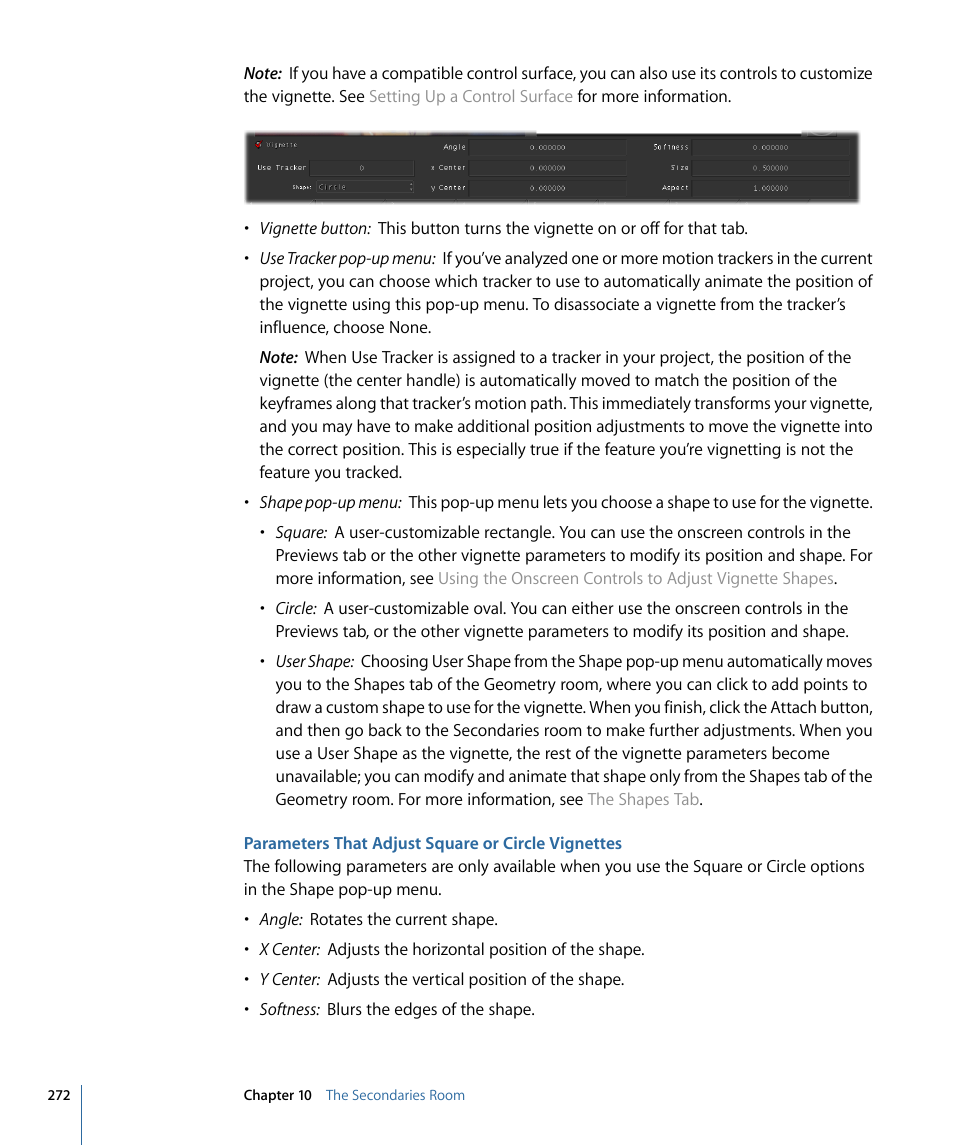 Parameters that adjust square or circle vignettes | Apple Color 1.5 User Manual | Page 272 / 434