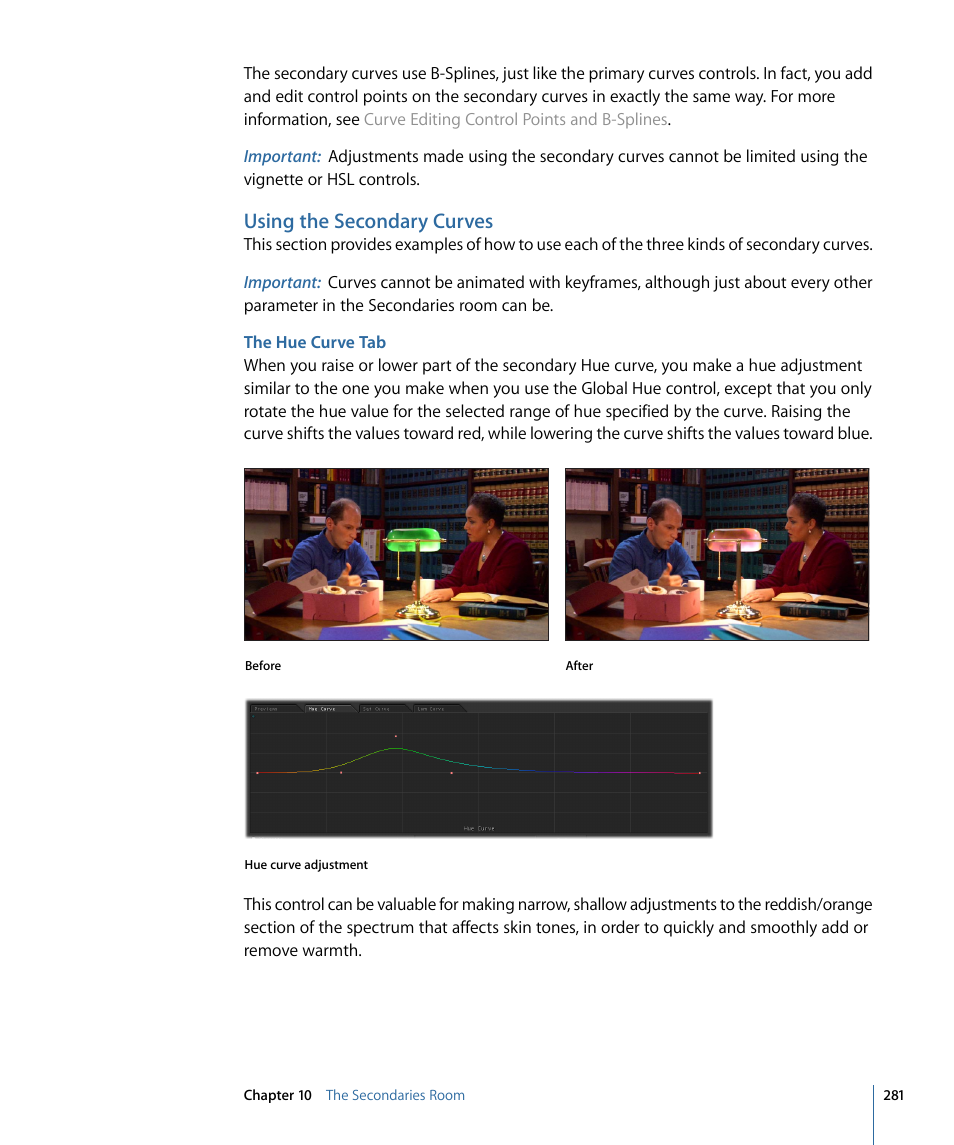 Using the secondary curves, The hue curve tab | Apple Color 1.5 User Manual | Page 281 / 434