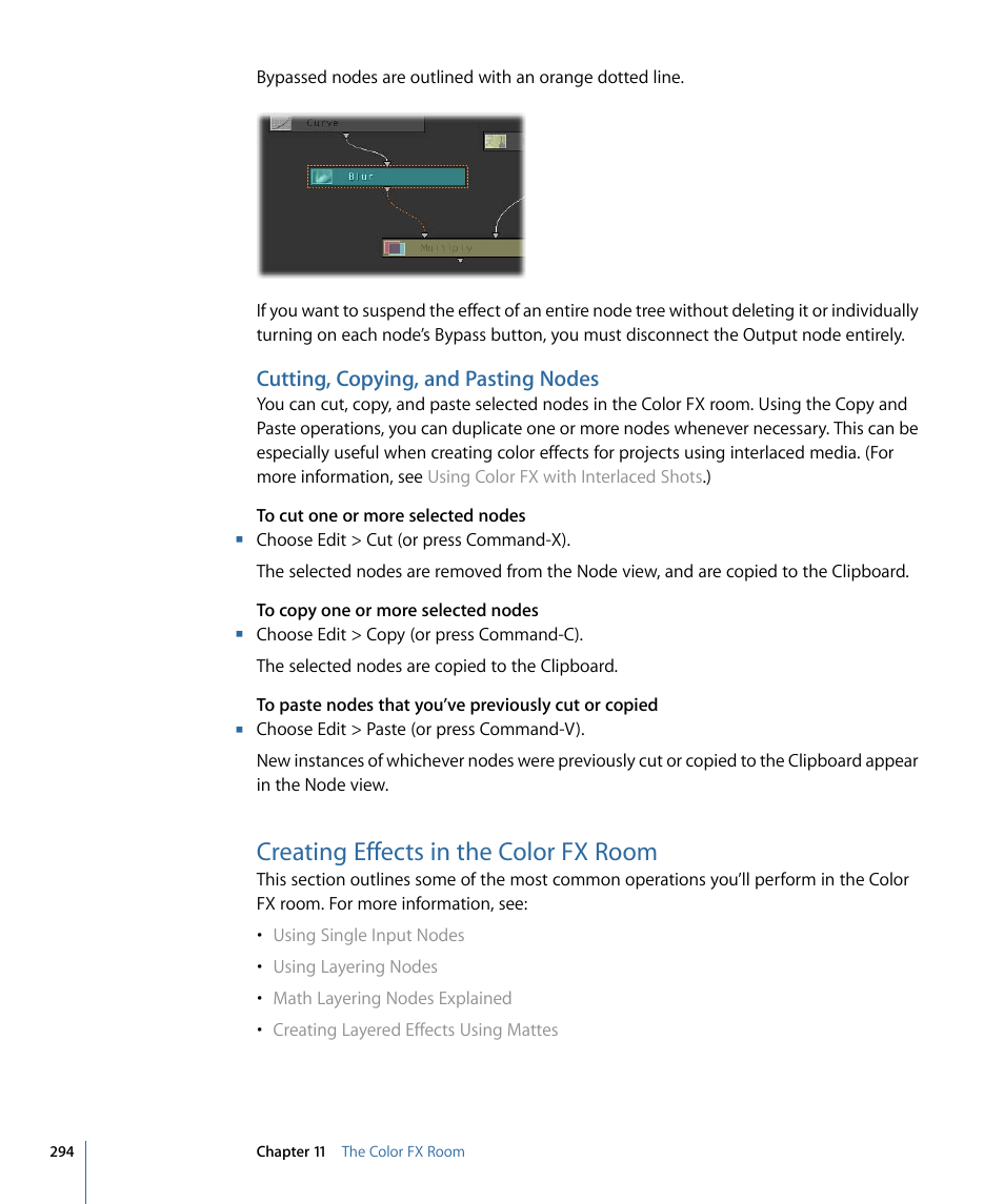 Cutting, copying, and pasting nodes, Creating effects in the color fx room | Apple Color 1.5 User Manual | Page 294 / 434