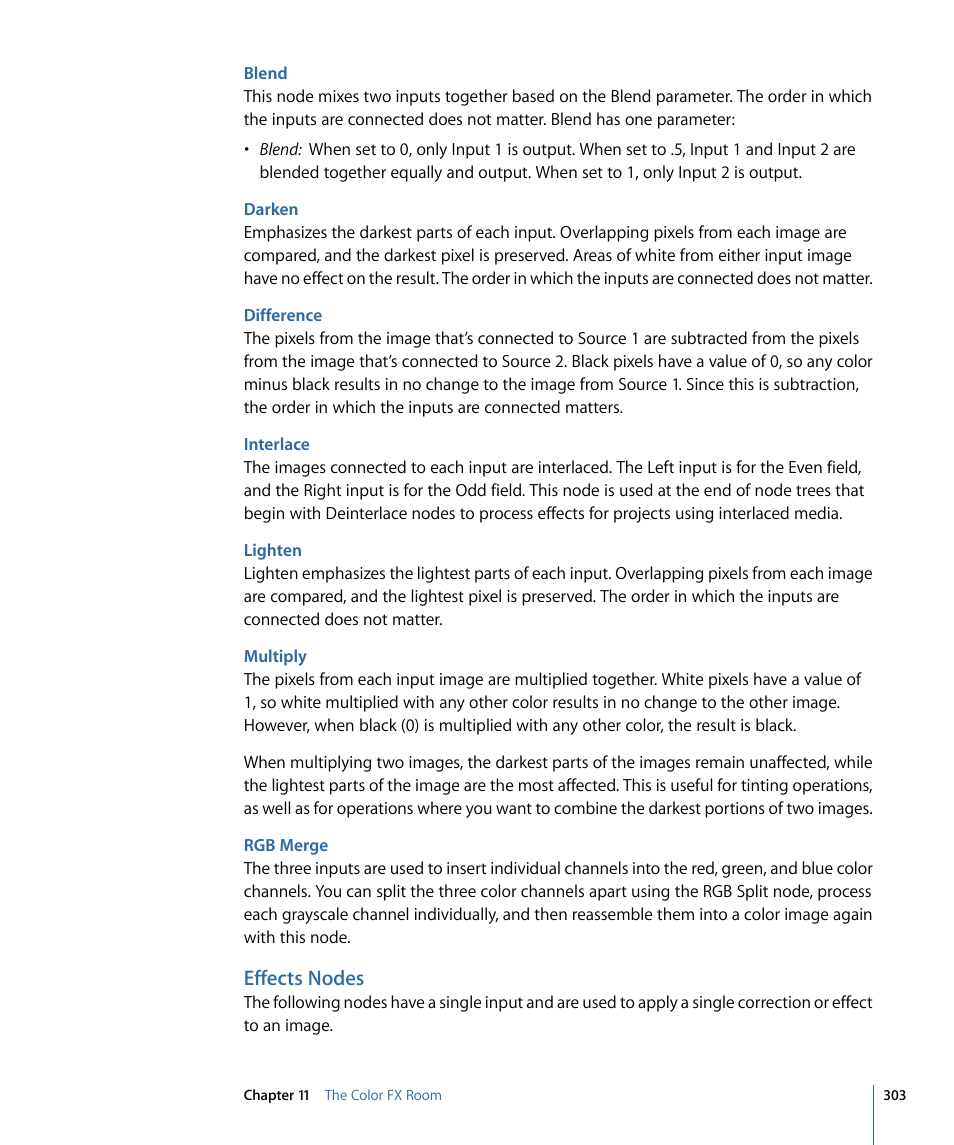 Blend, Darken, Difference | Interlace, Lighten, Multiply, Rgb merge, Effects nodes | Apple Color 1.5 User Manual | Page 303 / 434