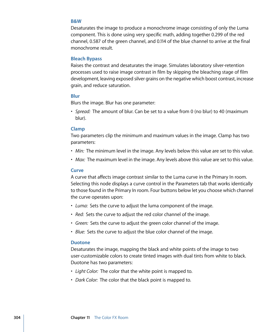 Bleach bypass, Blur, Clamp | Curve, Duotone | Apple Color 1.5 User Manual | Page 304 / 434