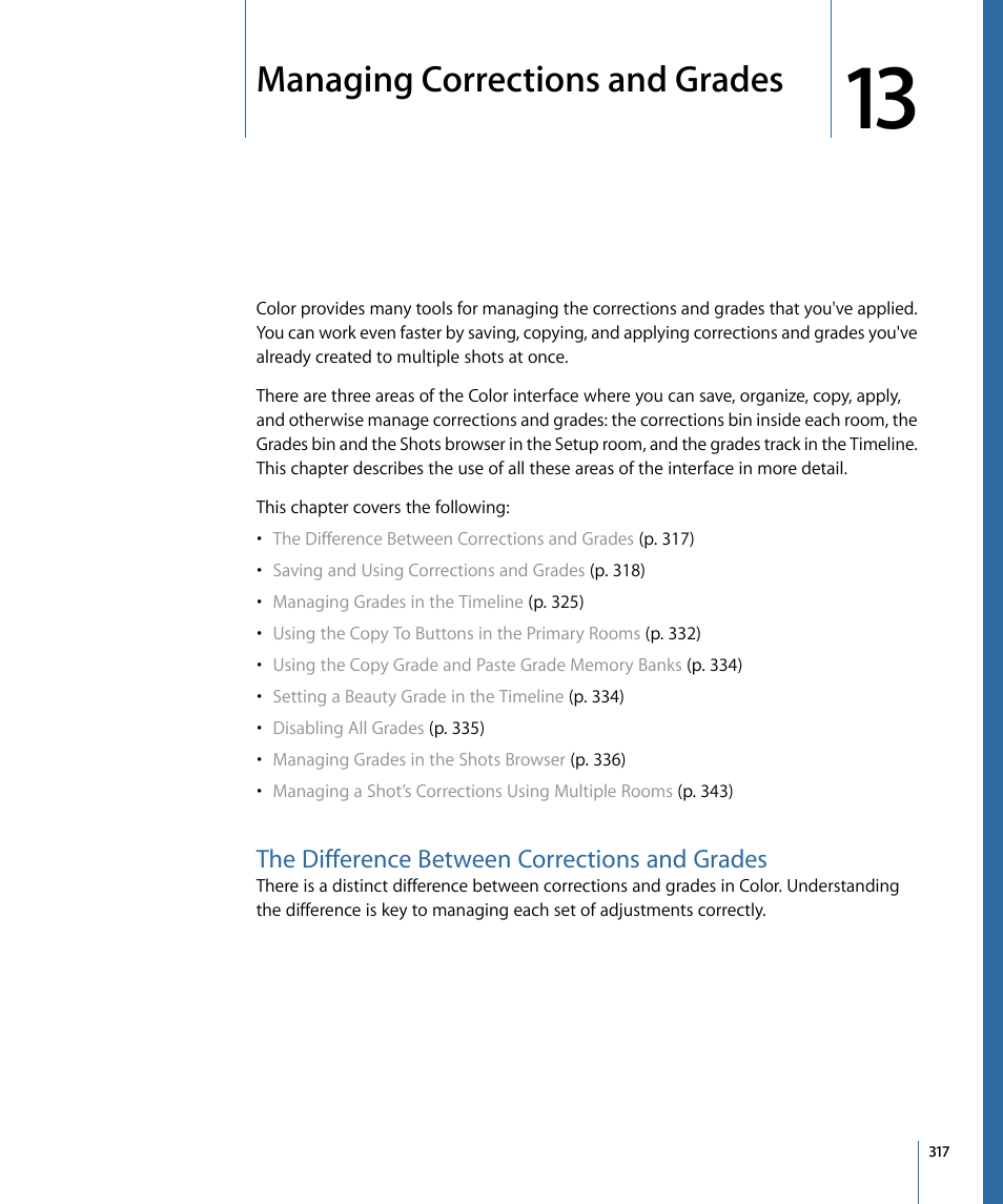 Managing corrections and grades, The difference between corrections and grades, Managing corrections | And grades | Apple Color 1.5 User Manual | Page 317 / 434