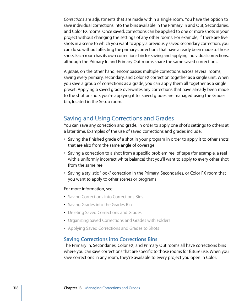 Saving and using corrections and grades, Saving corrections into corrections bins | Apple Color 1.5 User Manual | Page 318 / 434