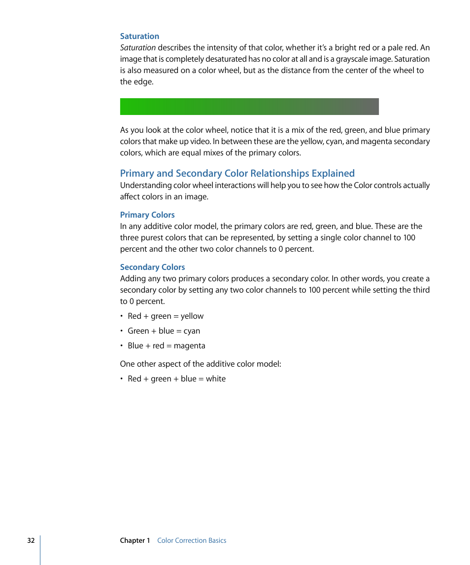 Saturation, Primary colors, Secondary colors | Apple Color 1.5 User Manual | Page 32 / 434