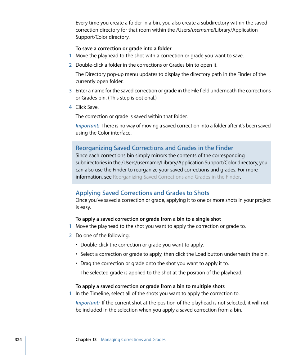 Applying saved corrections and grades to shots | Apple Color 1.5 User Manual | Page 324 / 434