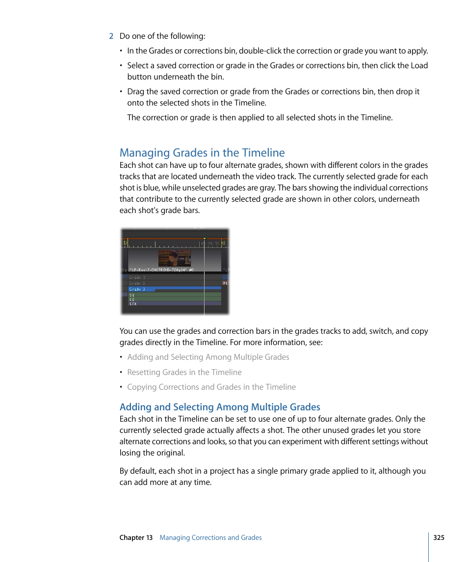 Managing grades in the timeline, Adding and selecting among multiple grades | Apple Color 1.5 User Manual | Page 325 / 434