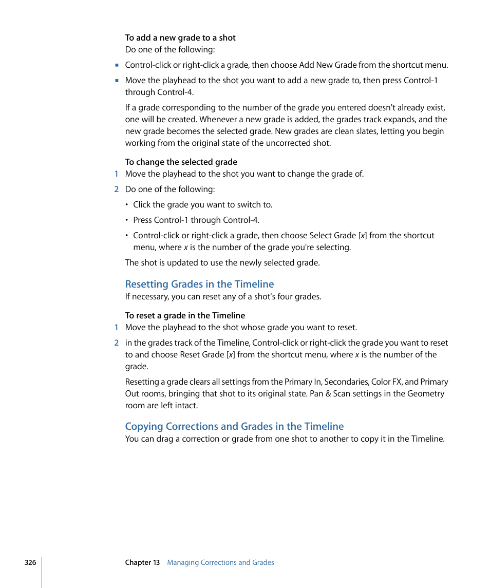 Resetting grades in the timeline, Copying corrections and grades in the timeline | Apple Color 1.5 User Manual | Page 326 / 434