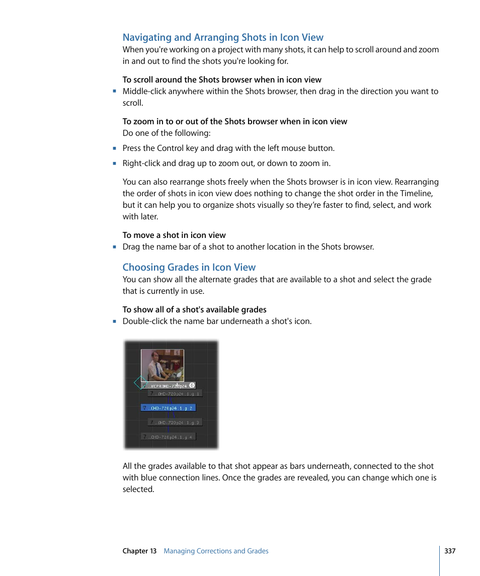 Navigating and arranging shots in icon view, Choosing grades in icon view | Apple Color 1.5 User Manual | Page 337 / 434