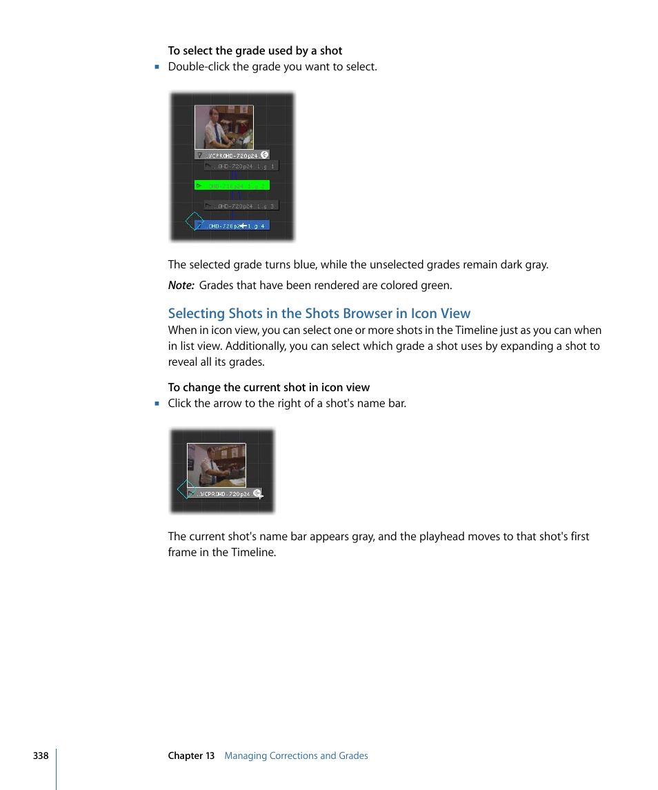 Selecting shots in the shots browser in icon view | Apple Color 1.5 User Manual | Page 338 / 434