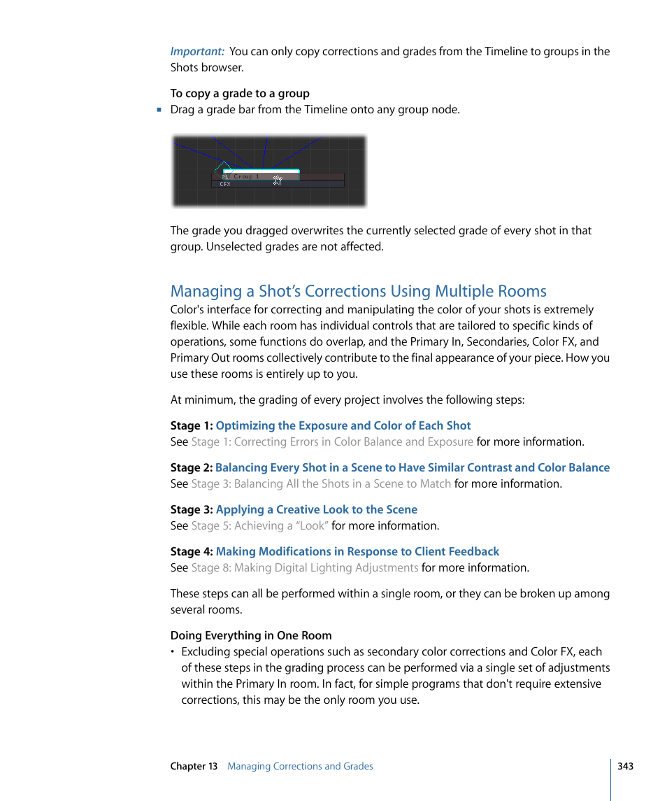 Managing a shot’s corrections using multiple rooms, Managing a shot’s, Corrections using multiple rooms | Apple Color 1.5 User Manual | Page 343 / 434