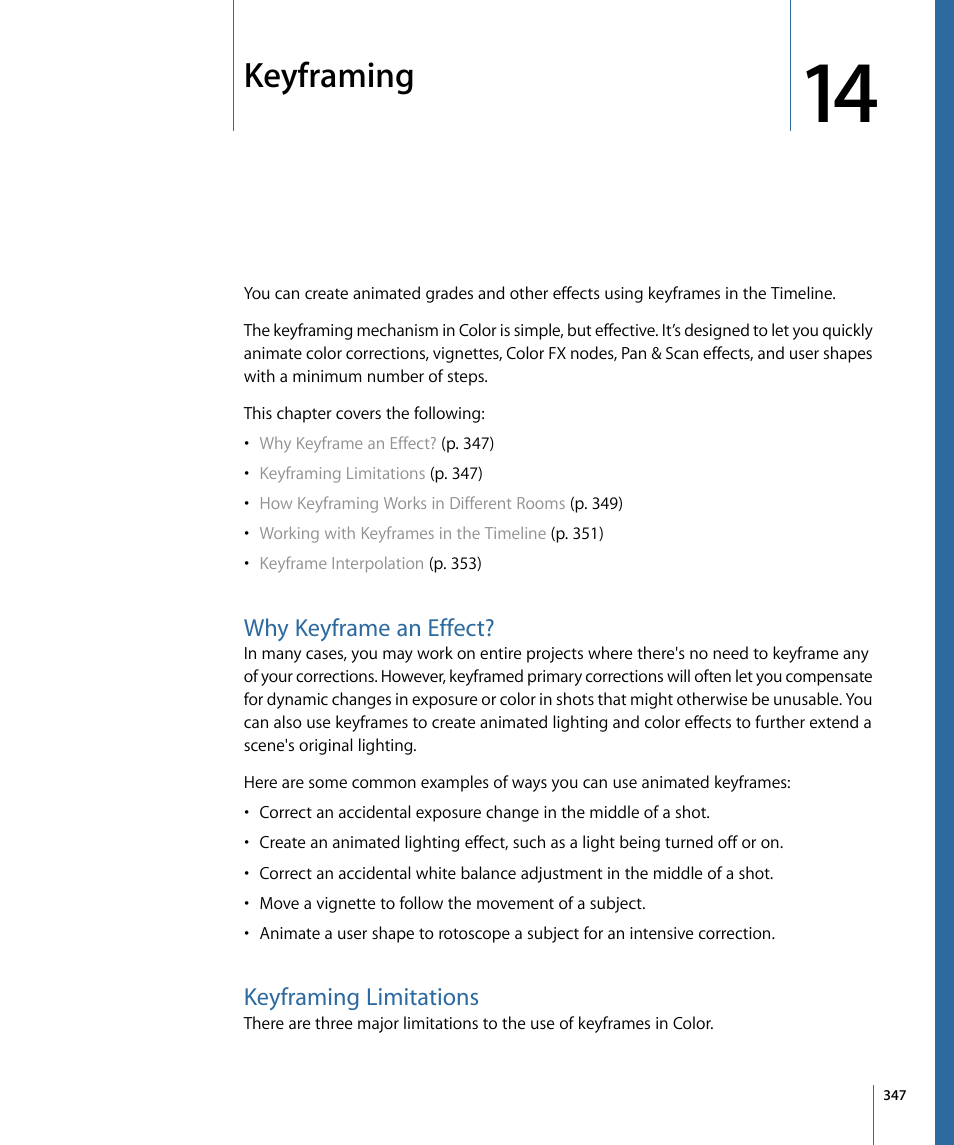 Keyframing, Why keyframe an effect, Keyframing limitations | Apple Color 1.5 User Manual | Page 347 / 434