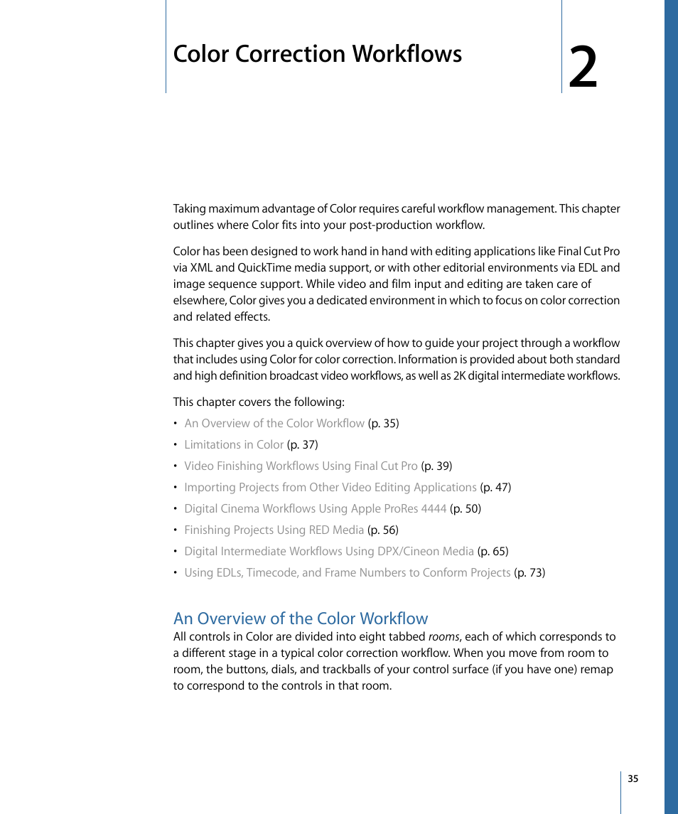 Color correction workflows, An overview of the color workflow | Apple Color 1.5 User Manual | Page 35 / 434