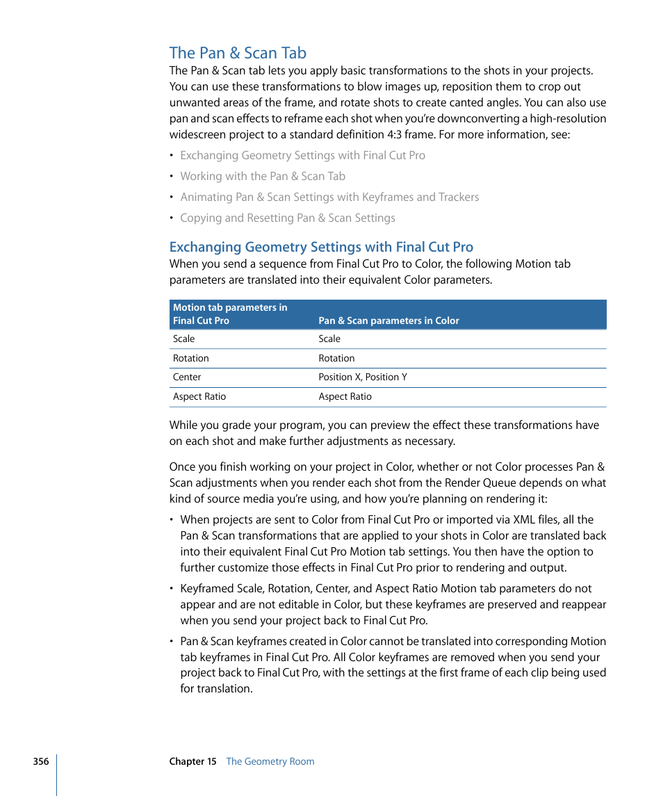The pan & scan tab, Exchanging geometry settings with final cut pro, Exchanging geometry settings with | Final cut pro | Apple Color 1.5 User Manual | Page 356 / 434