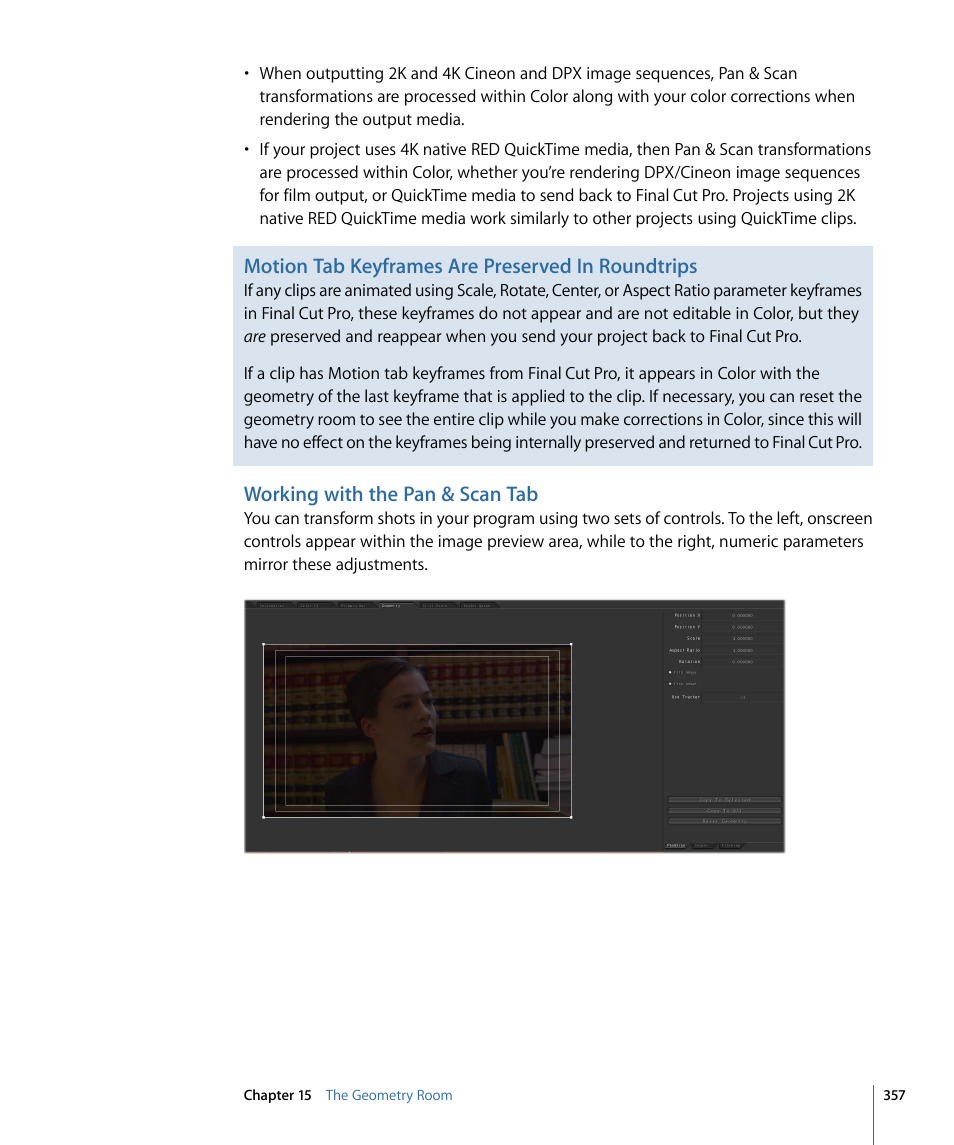 Working with the pan & scan tab, Motion tab keyframes are preserved in roundtrips | Apple Color 1.5 User Manual | Page 357 / 434
