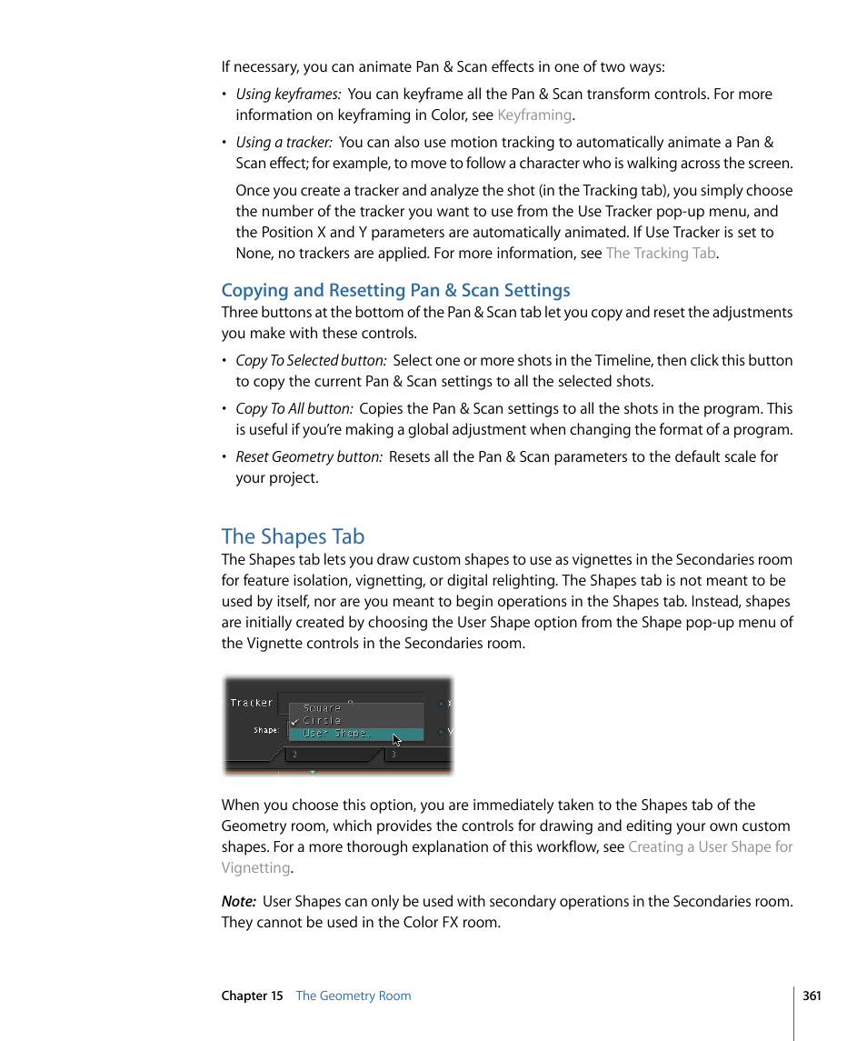 Copying and resetting pan & scan settings, The shapes tab | Apple Color 1.5 User Manual | Page 361 / 434