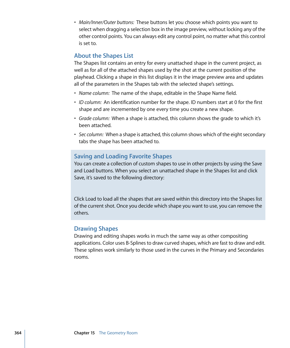 About the shapes list, Drawing shapes, Saving and loading favorite shapes | Apple Color 1.5 User Manual | Page 364 / 434