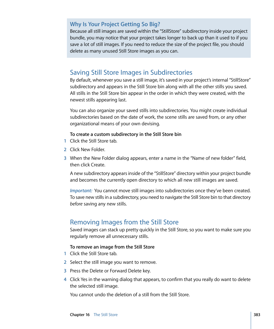 Saving still store images in subdirectories, Removing images from the still store, Why is your project getting so big | Apple Color 1.5 User Manual | Page 383 / 434