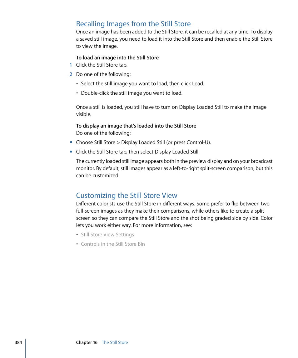 Recalling images from the still store, Customizing the still store view | Apple Color 1.5 User Manual | Page 384 / 434