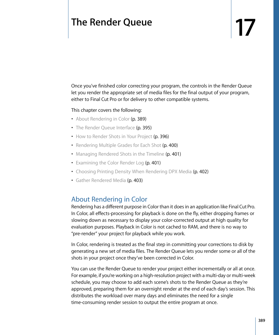 The render queue, About rendering in color, The render | Queue | Apple Color 1.5 User Manual | Page 389 / 434