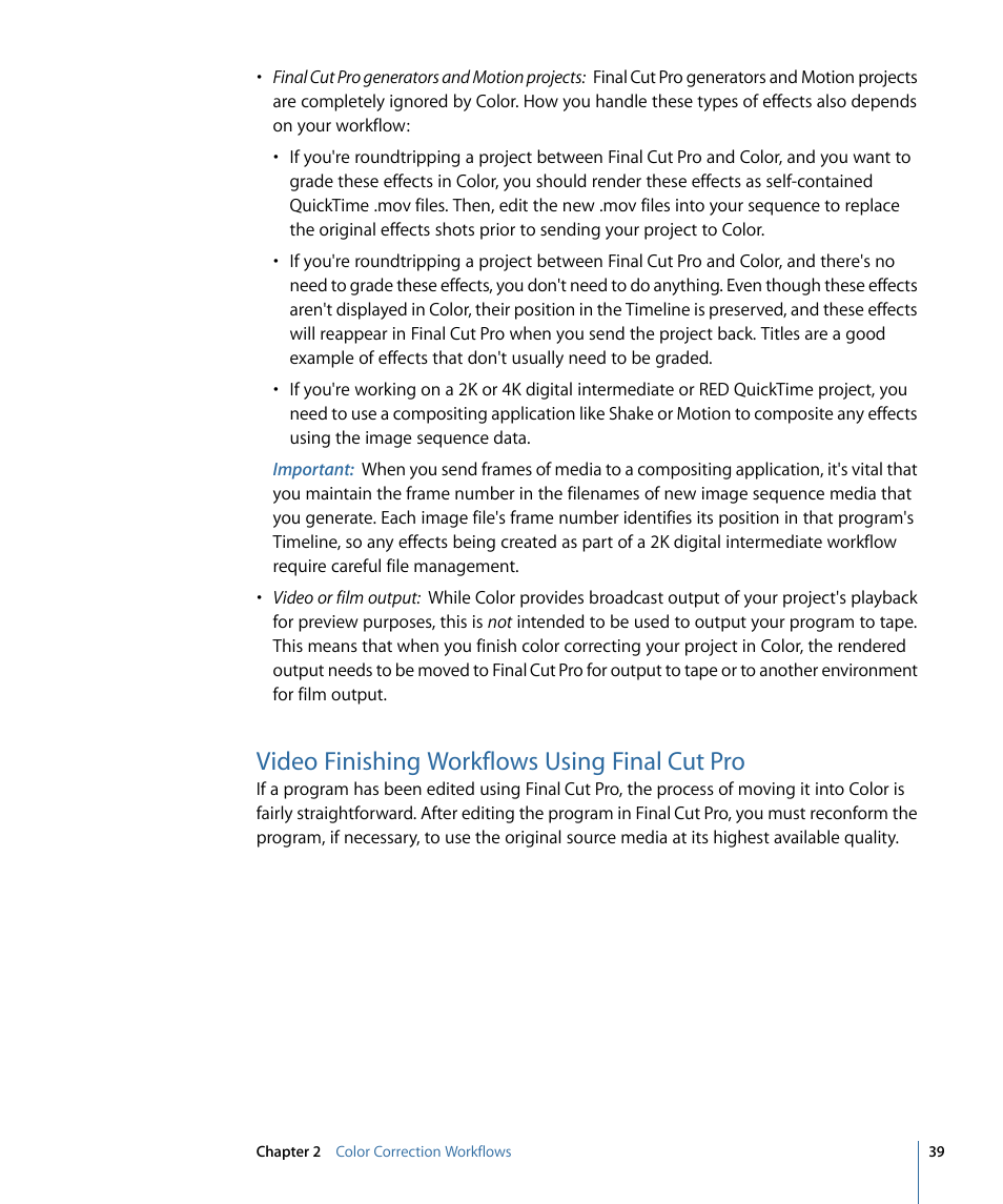 Video finishing workflows using final cut pro | Apple Color 1.5 User Manual | Page 39 / 434