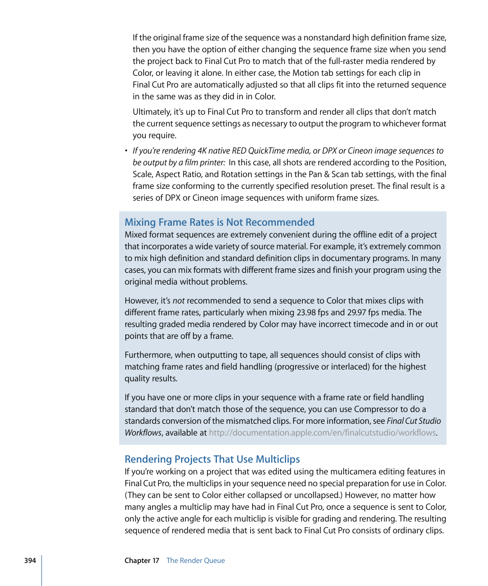 Rendering projects that use multiclips, Mixing frame rates is not recommended | Apple Color 1.5 User Manual | Page 394 / 434