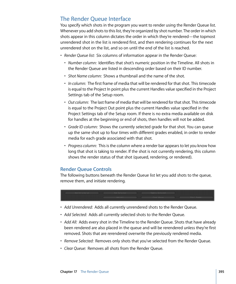 The render queue interface, Render queue controls | Apple Color 1.5 User Manual | Page 395 / 434