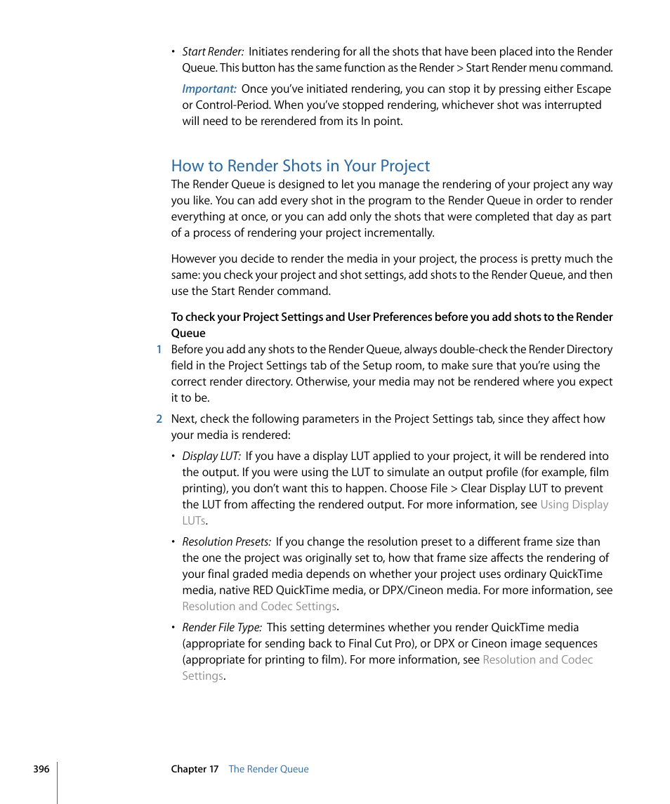 How to render shots in your project | Apple Color 1.5 User Manual | Page 396 / 434