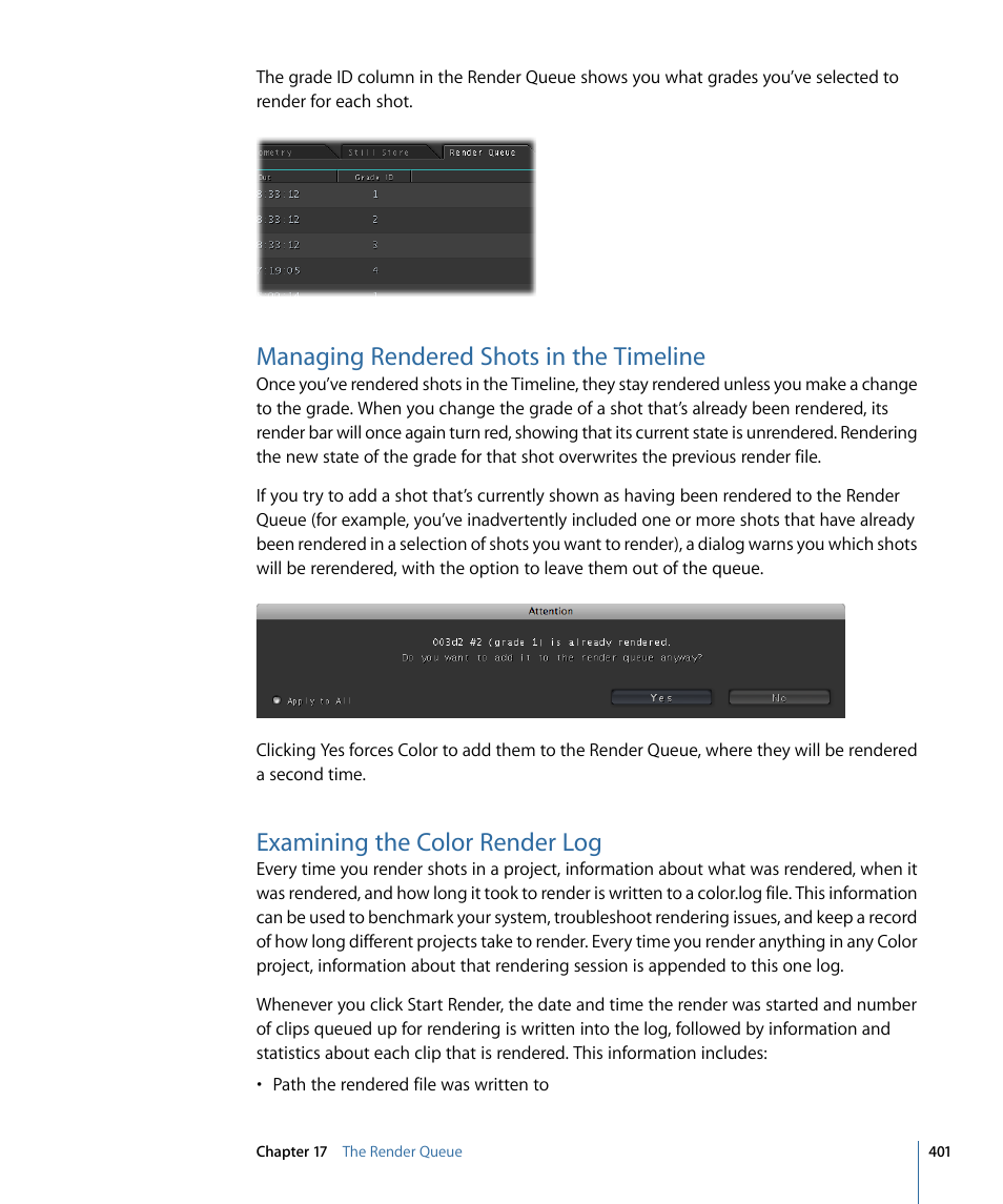 Managing rendered shots in the timeline, Examining the color render log | Apple Color 1.5 User Manual | Page 401 / 434