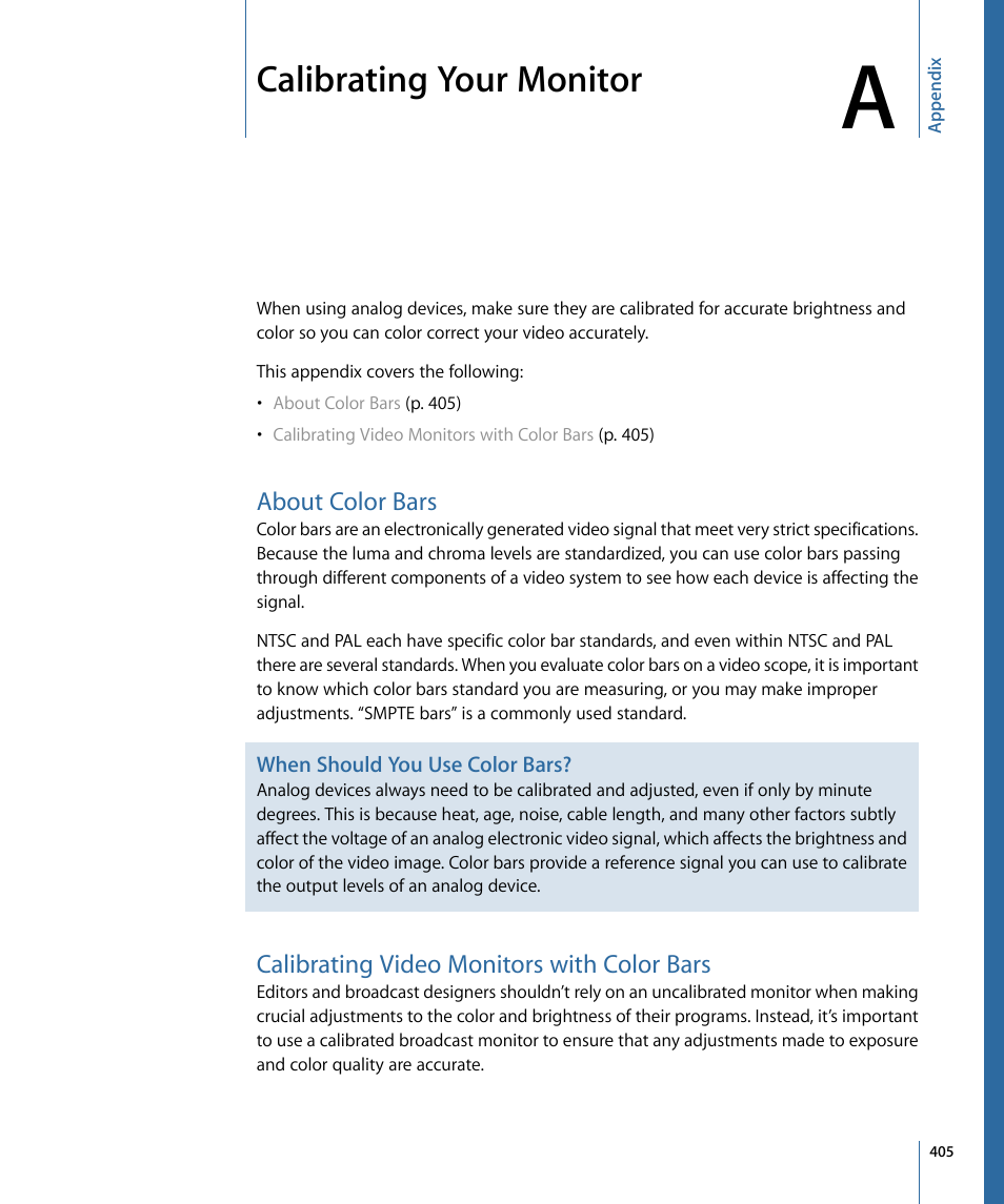 Appendix a: calibrating your monitor, About color bars, Calibrating video monitors with color bars | Calibrating your monitor | Apple Color 1.5 User Manual | Page 405 / 434