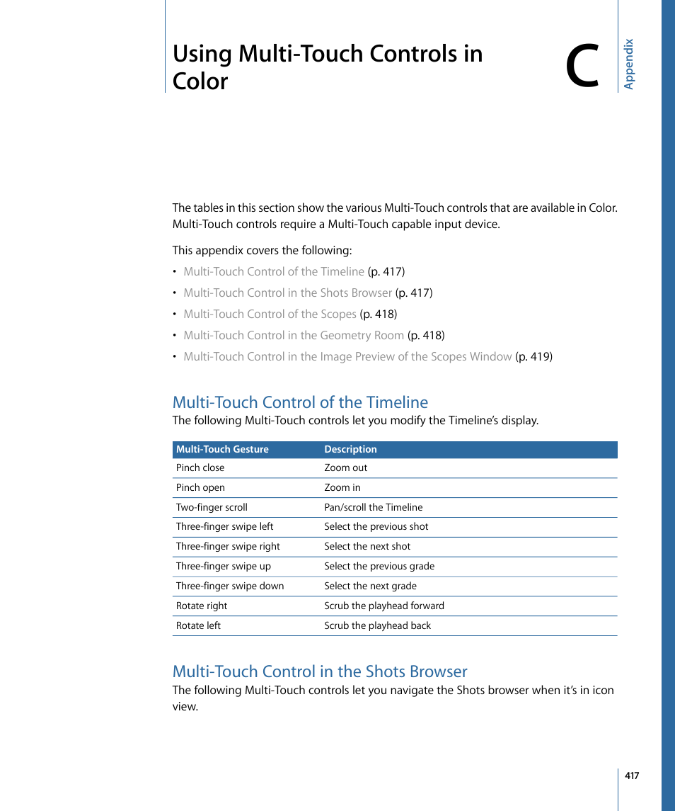Appendix c: using multi-touch controls in color, Multi-touch control of the timeline, Multi-touch control in the shots browser | Using multi-touch controls in color | Apple Color 1.5 User Manual | Page 417 / 434