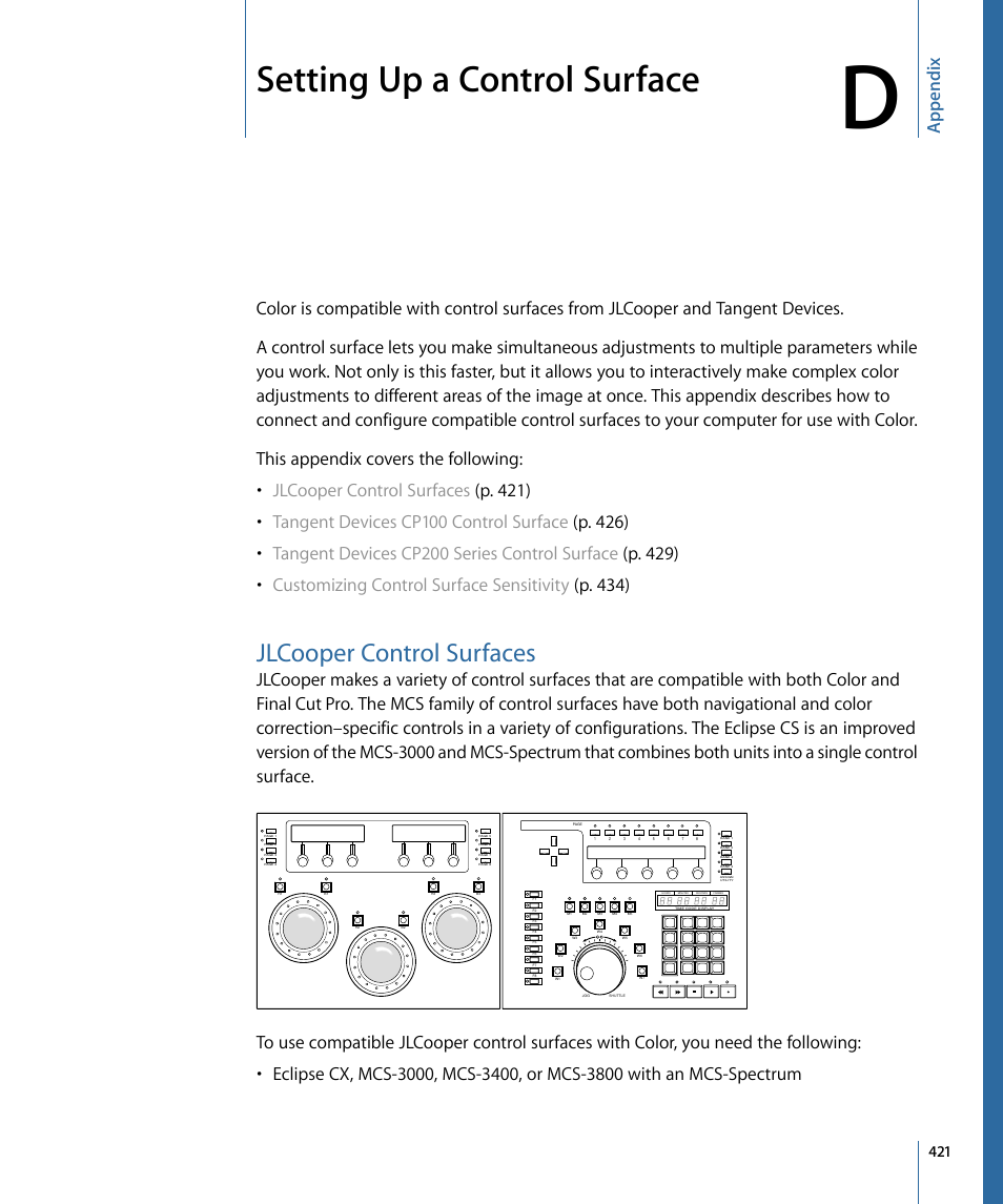 Appendix d: setting up a control surface, Jlcooper control surfaces, Setting up a control surface | Setting up, A control surface, Ap p endix | Apple Color 1.5 User Manual | Page 421 / 434