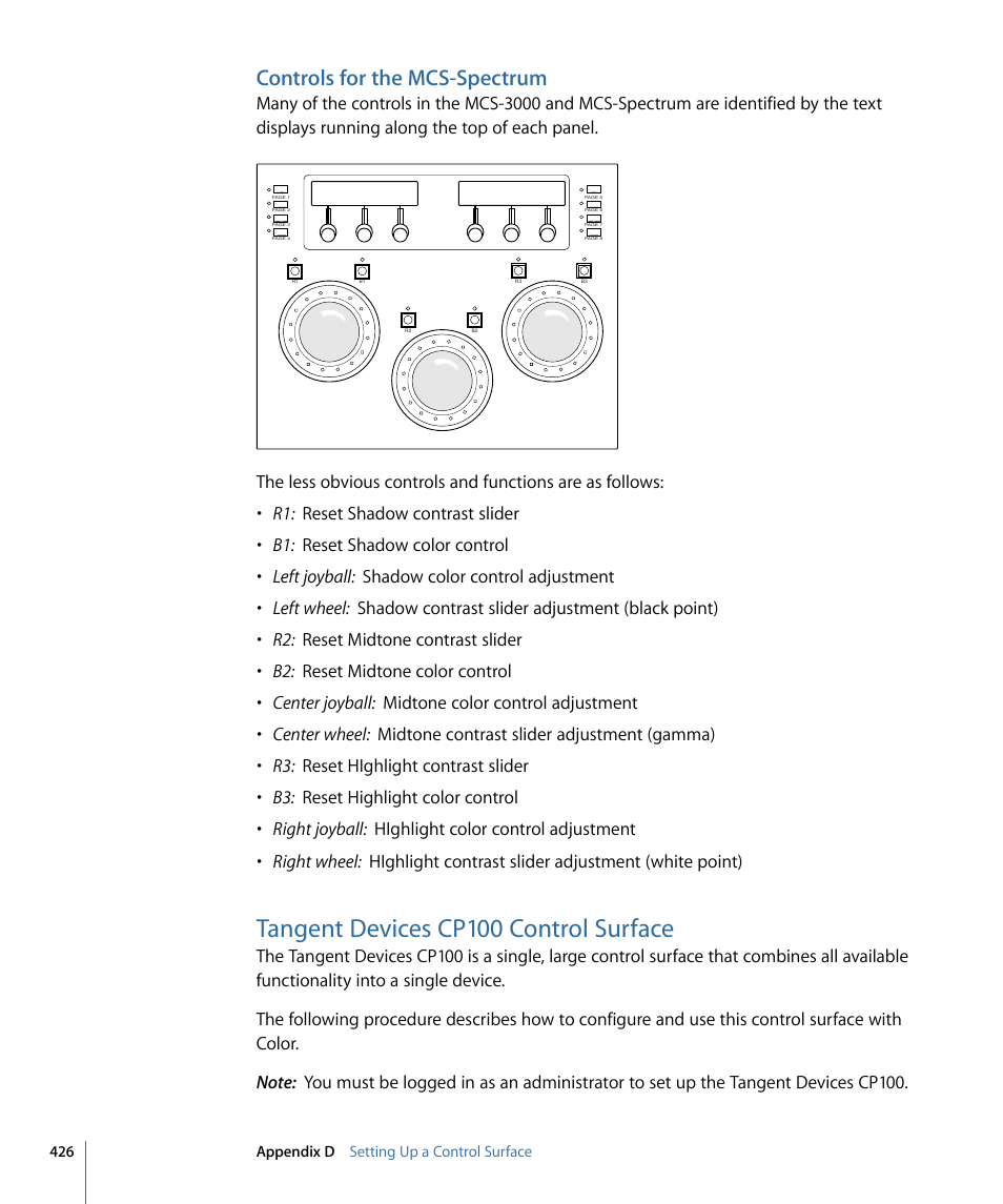 Controls for the mcs-spectrum, Tangent devices cp100 control surface | Apple Color 1.5 User Manual | Page 426 / 434