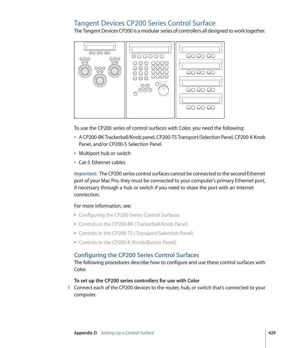 Tangent devices cp200 series control surface, Configuring the cp200 series control surfaces, 429 appendix d setting up a control surface | Apple Color 1.5 User Manual | Page 429 / 434