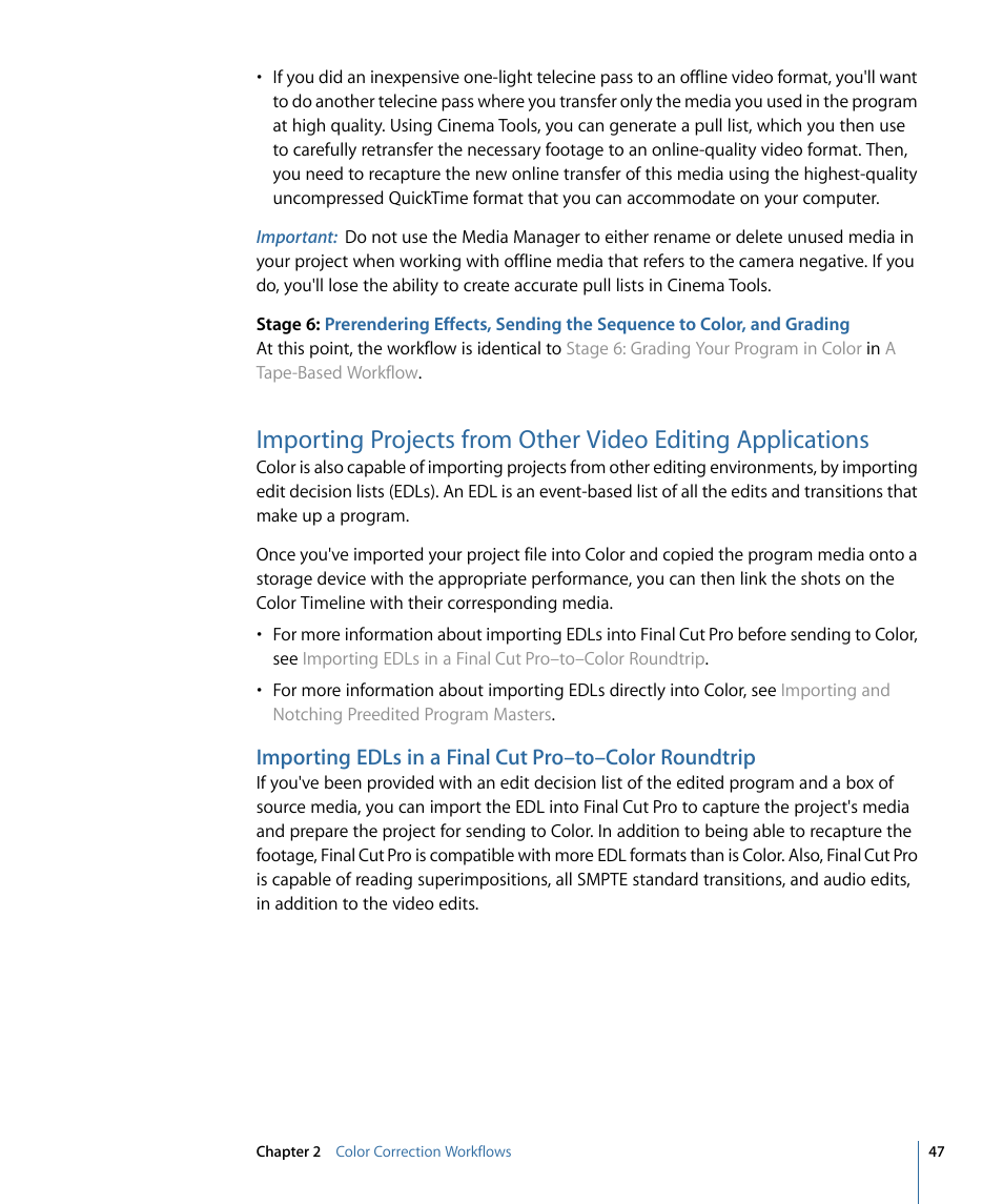 Importing projects from other video, Editing applications | Apple Color 1.5 User Manual | Page 47 / 434