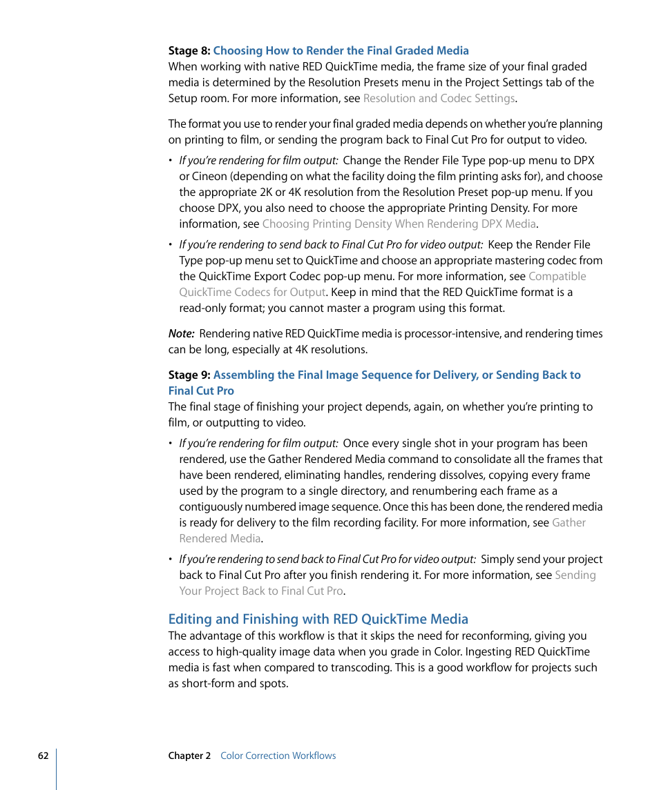 Editing and finishing with red quicktime media, Editing and finishing with red quicktime, Media | Apple Color 1.5 User Manual | Page 62 / 434