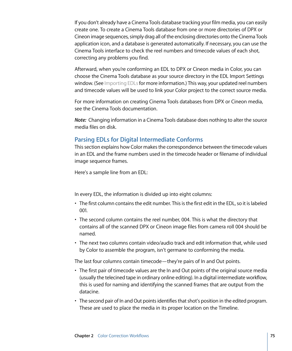 Parsing edls for digital intermediate conforms, Parsing edls for, Digital intermediate conforms | Apple Color 1.5 User Manual | Page 75 / 434