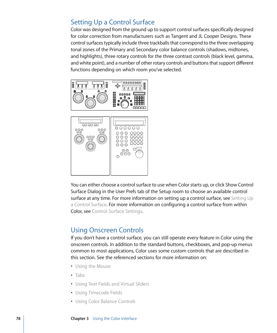 Setting up a control surface, Using onscreen controls, 78 chapter 3 using the color interface | Apple Color 1.5 User Manual | Page 78 / 434