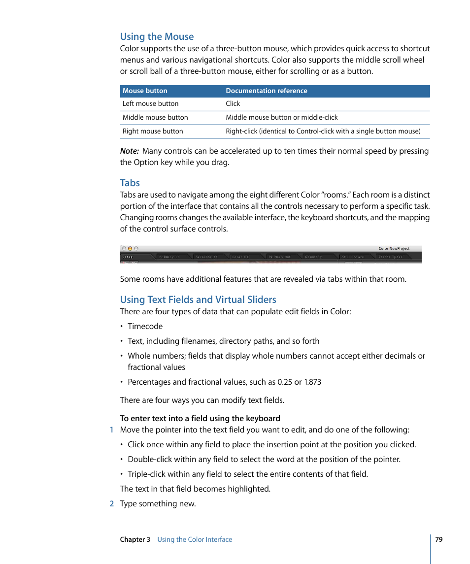 Using the mouse, Tabs, Using text fields and virtual sliders | Apple Color 1.5 User Manual | Page 79 / 434