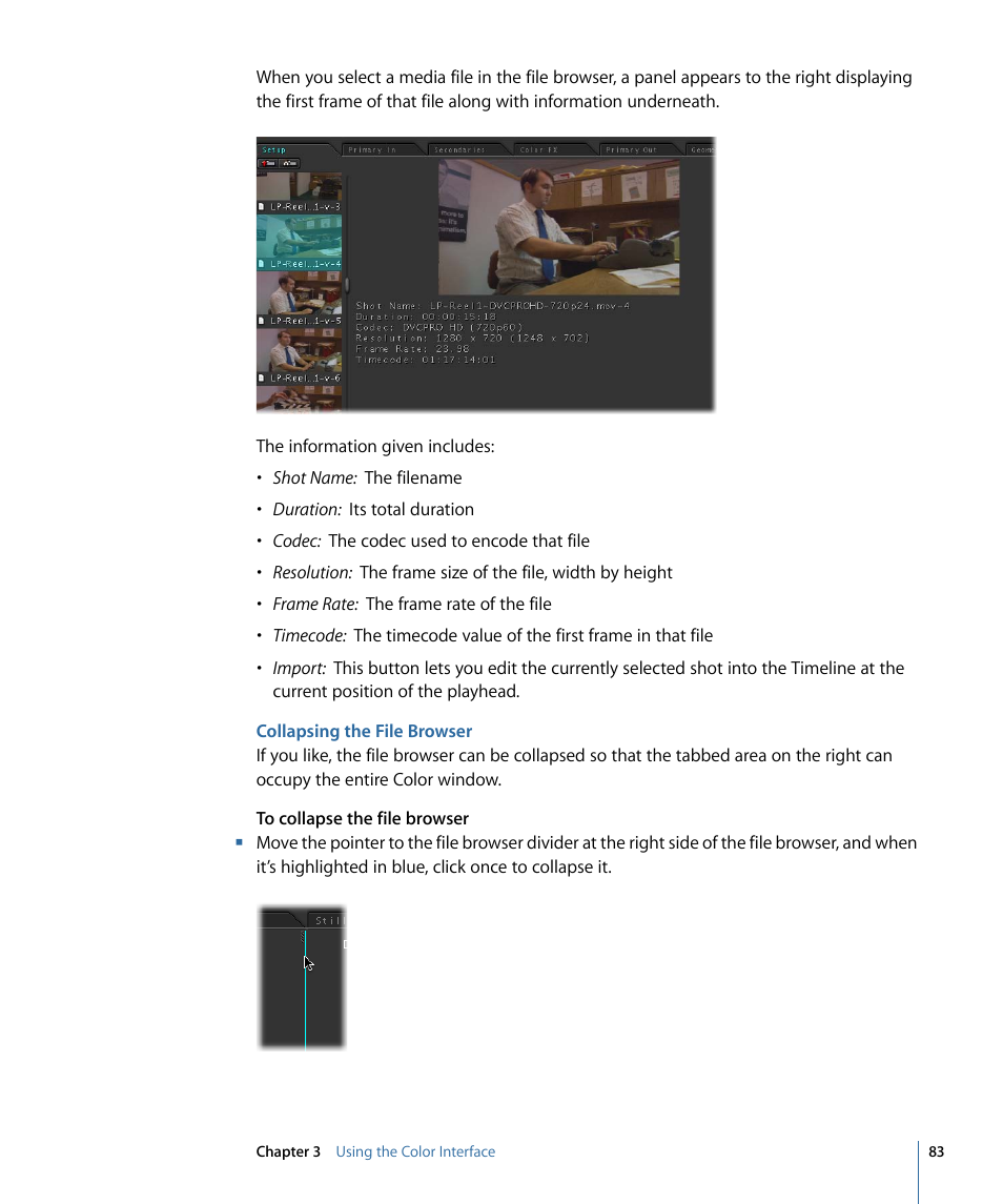 Collapsing the file browser | Apple Color 1.5 User Manual | Page 83 / 434