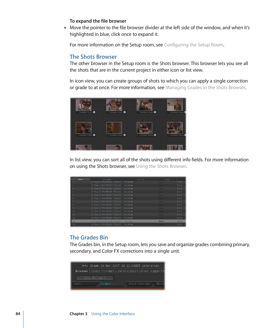 The shots browser, The grades bin | Apple Color 1.5 User Manual | Page 84 / 434