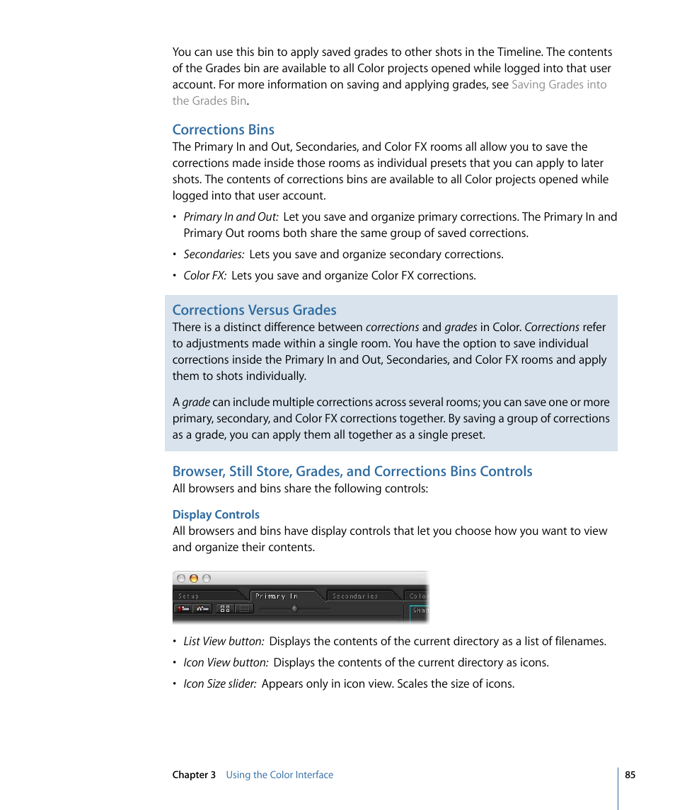 Corrections bins, Display controls, Corrections versus grades | Apple Color 1.5 User Manual | Page 85 / 434