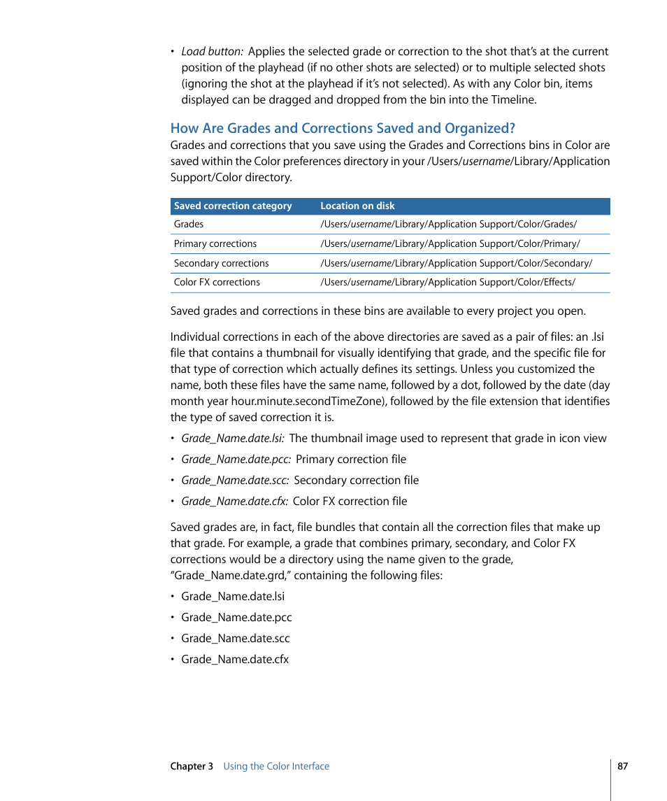 How are grades and corrections saved and organized | Apple Color 1.5 User Manual | Page 87 / 434