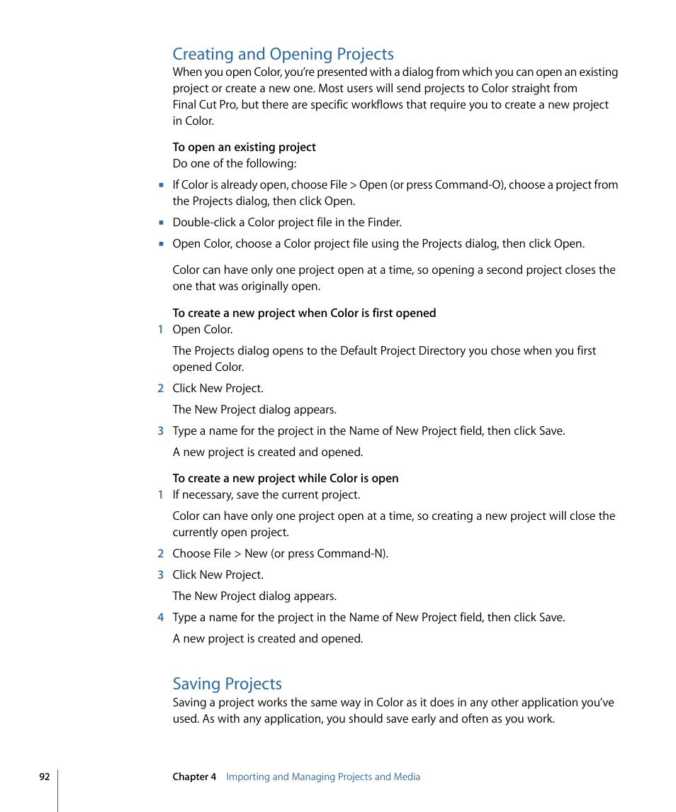 Creating and opening projects, Saving projects | Apple Color 1.5 User Manual | Page 92 / 434