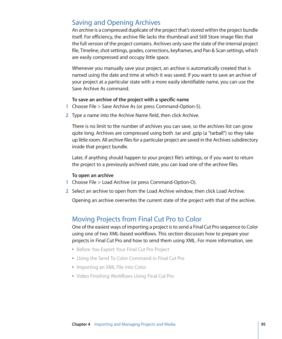 Saving and opening archives, Moving projects from final cut pro to color | Apple Color 1.5 User Manual | Page 95 / 434
